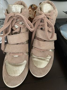 The Limited Blush Suede and Metallic Gold Wedge Sneakers